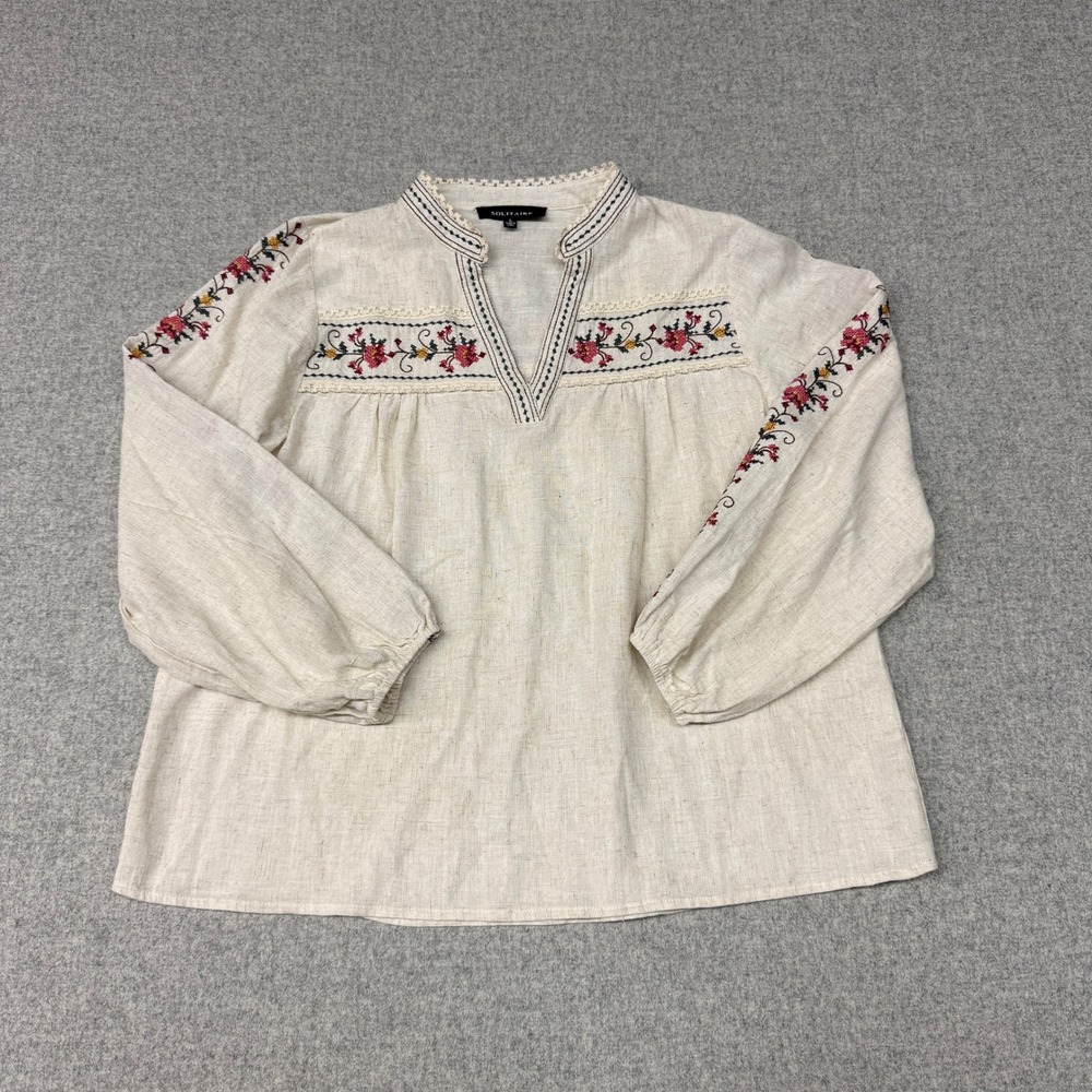 Solitaire Embroidered Peasant Blouse Size L Beige Linen Blend Floral Boho Top